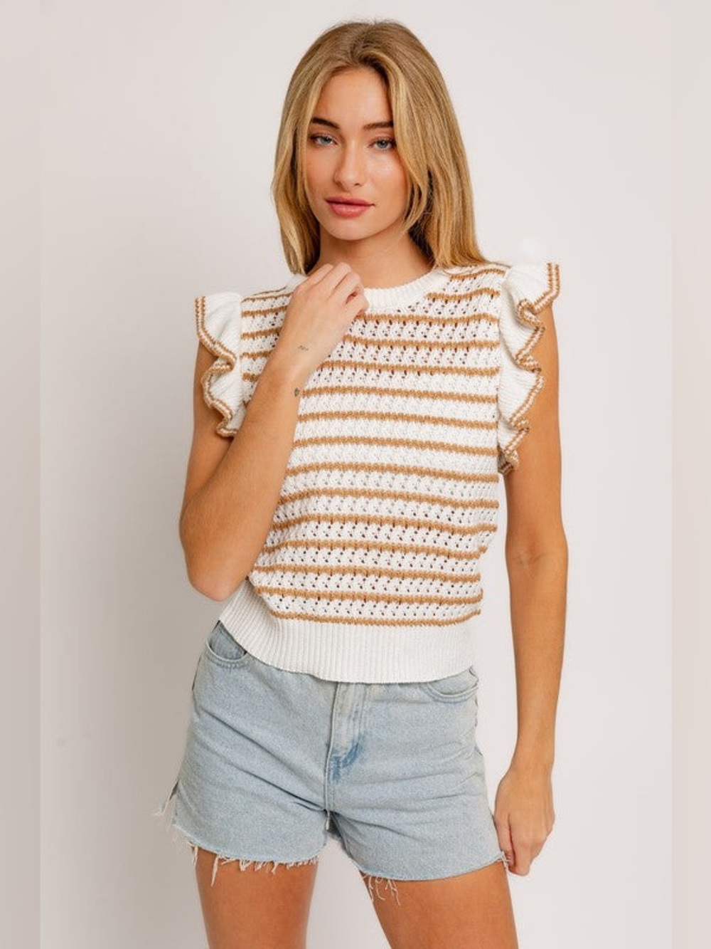 Le Lis Cotton Blend Striped Ruffled Sleeve Sweater Large
